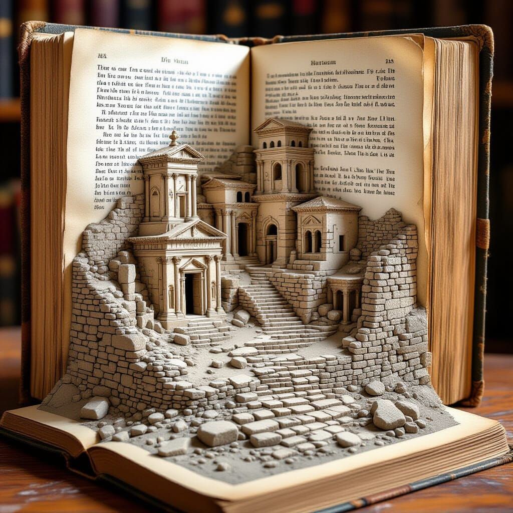 Ancient City Rises from Open Book in Stone Art Style