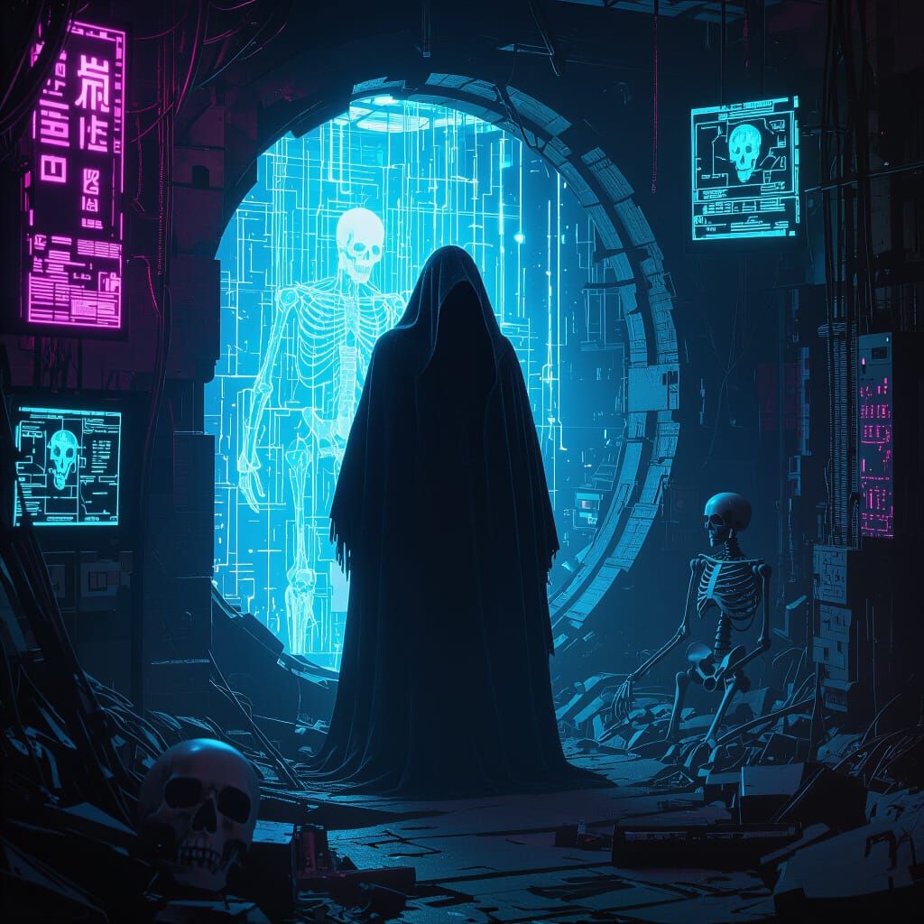 A spectral figure emerges from a hidden chamber beneath a sprawling cyberpunk city, their ethereal form shimmering in th...