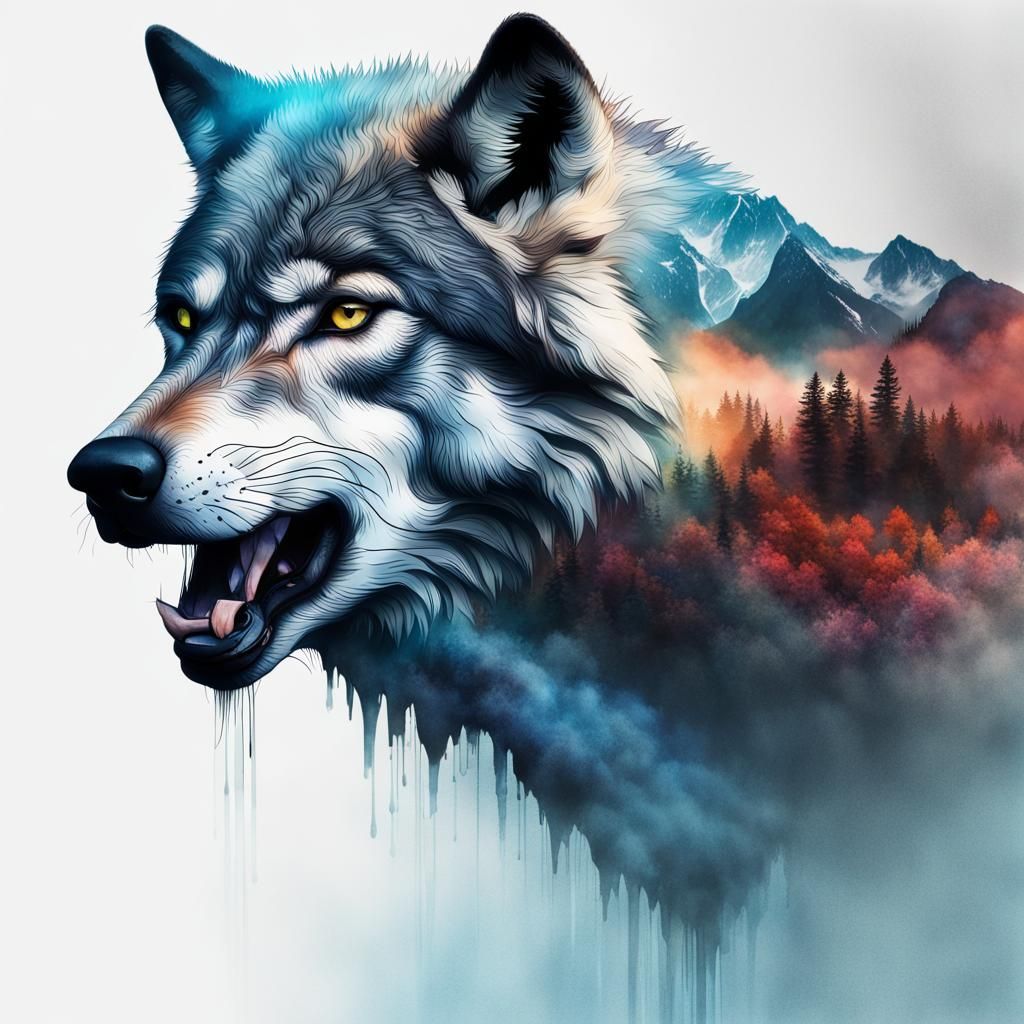 Wolf and Waterfall Double Exposure in Splash Art Style