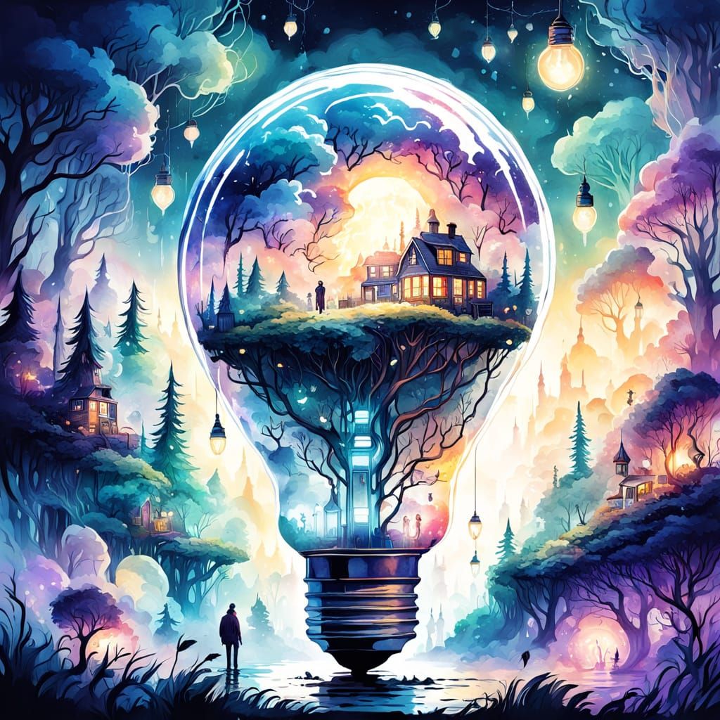 Fantasy World Inside a Light Bulb: Watercolor Style