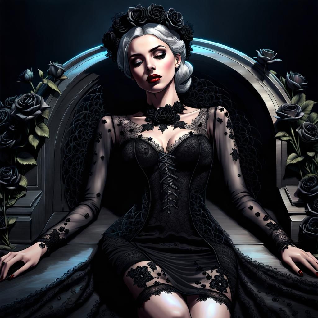 Gothic Girl in Lace Dress Crying on Grave