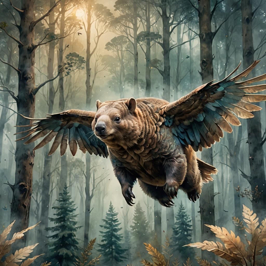 Wombat with Eagle Wings in Watercolor Style
