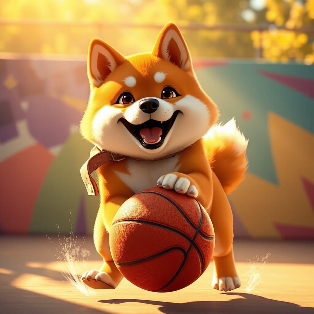 Anime Shiba Inu Dribbles Basketball in Vibrant Digital Art