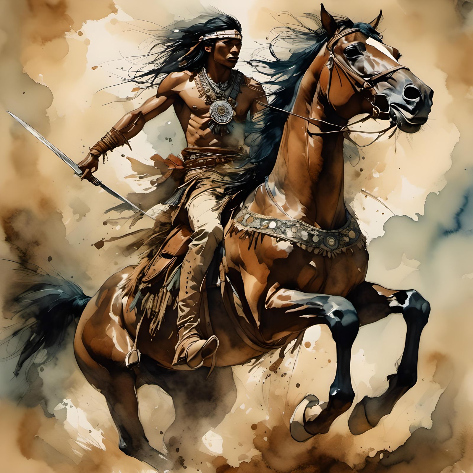 Fierce Indian Warrior on Mustang Horse