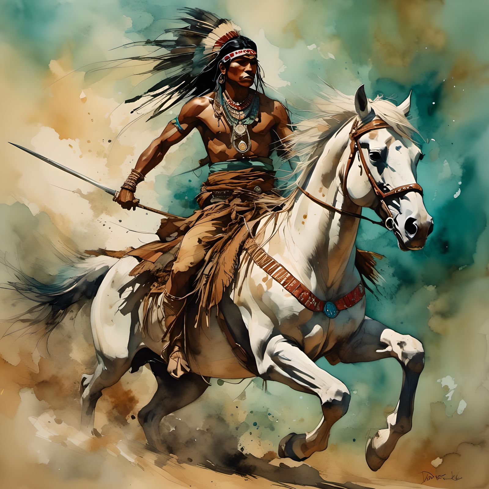 Young Indian Warrior on Mustang Horse