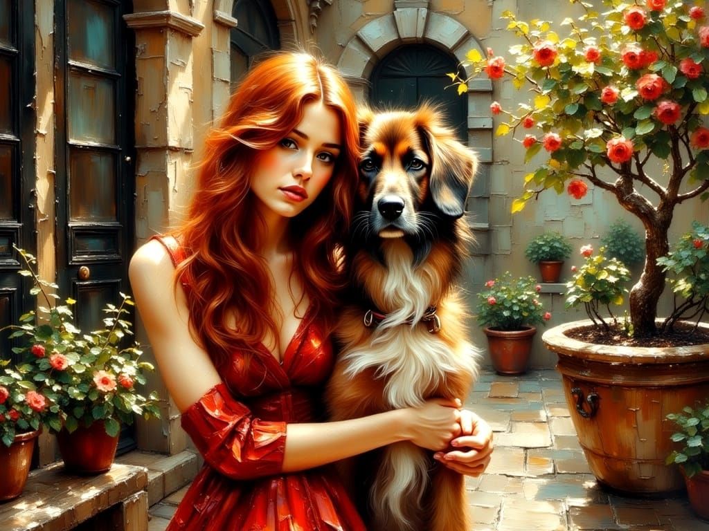 Art Deco Woman Embracing Her Dog in a Lush Garden