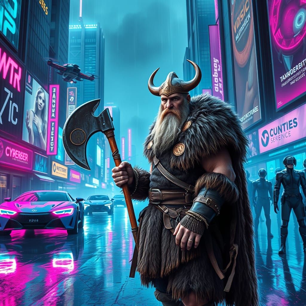 Viking Warrior in Cyberpunk Metropolis