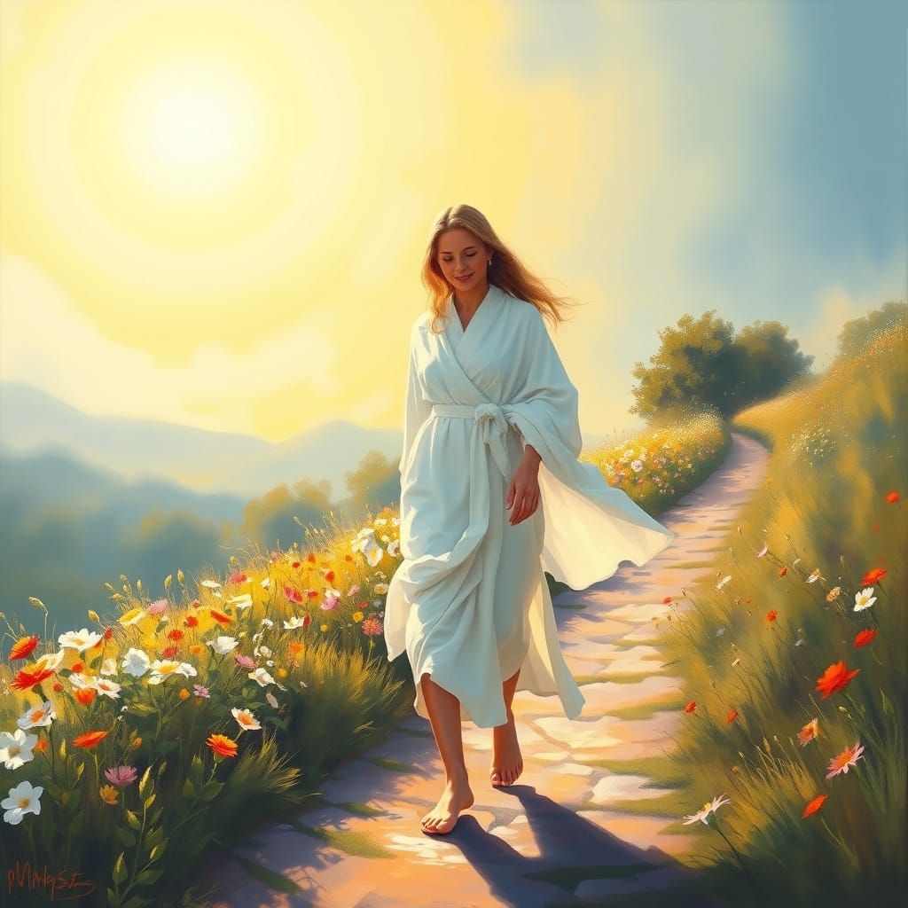 Peaceful Woman on Sunlit Flower Path as Impressionist Oil Pa...