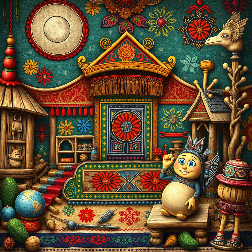 Whimsical Mongolian Folk Art Tapestry in Earthy Tones