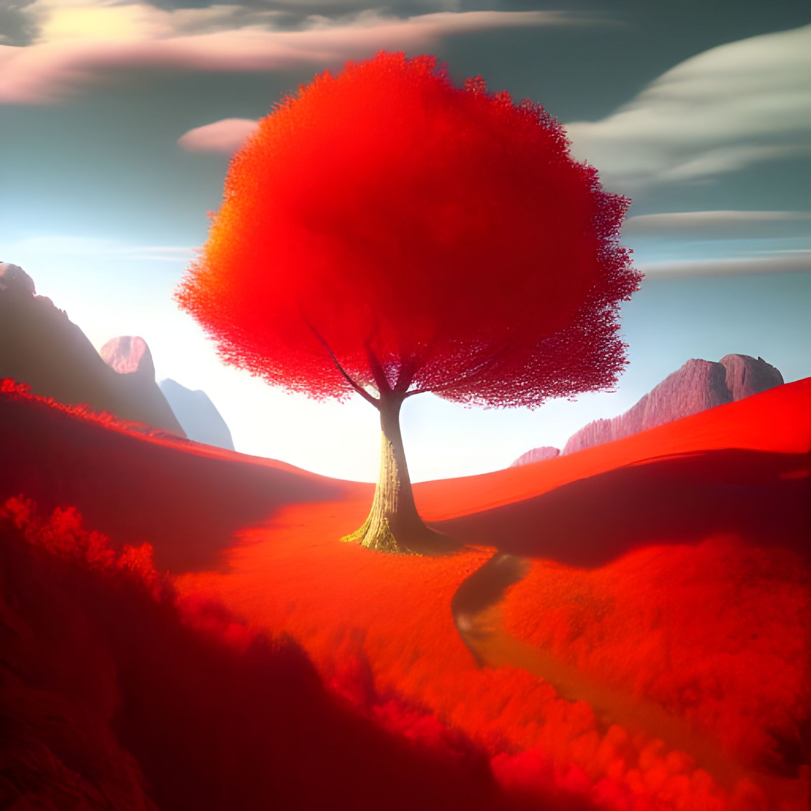 Glowing Red Tree in Mountains: Surreal Poster Art