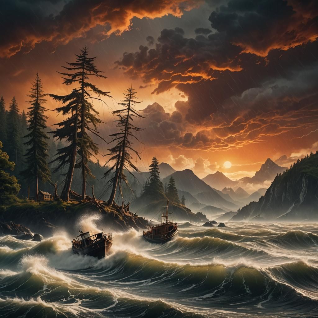 Stormy Sea Fishing Boat in Cinematic Digital Painting