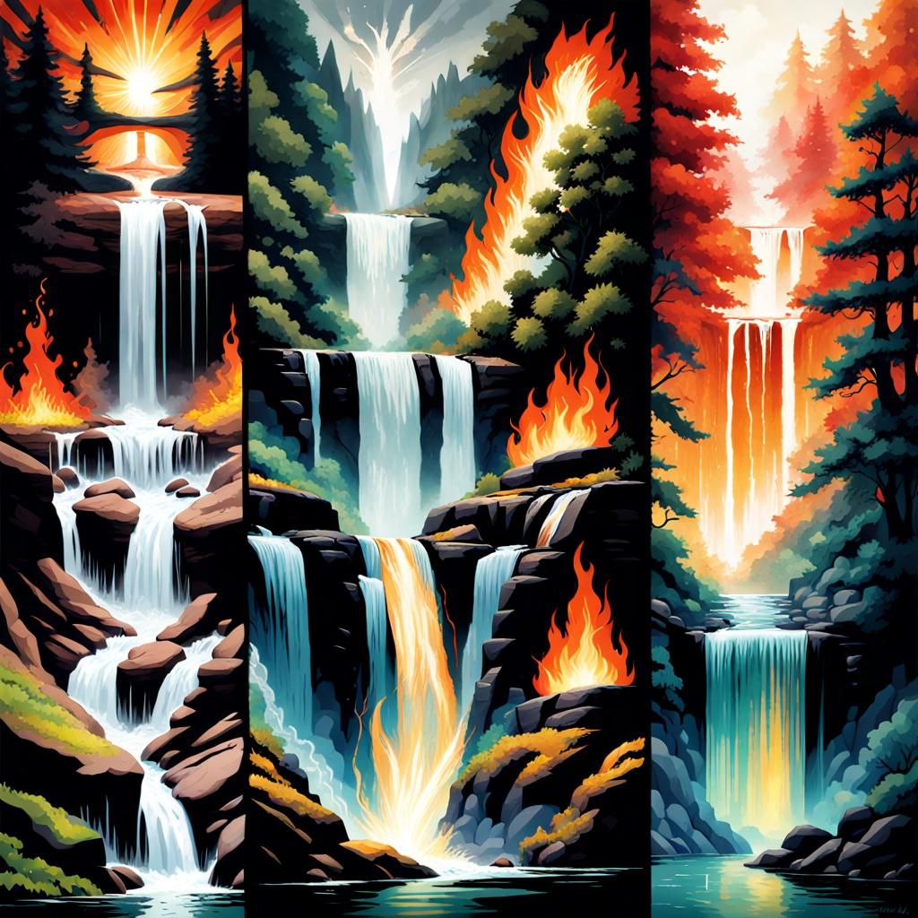 Fiery Elemental Emerges from Waterfall