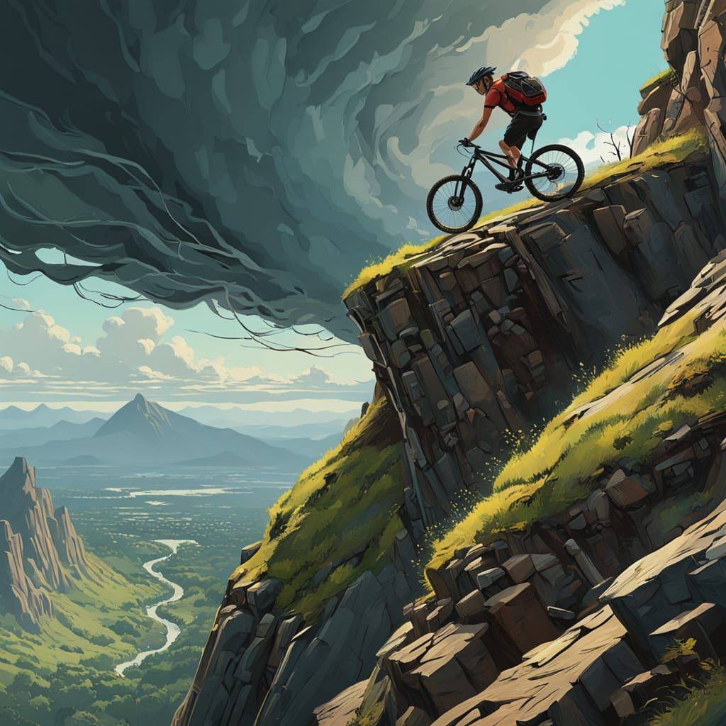 Mountain Biker on Cliff Edge in Cinematic Digital Art