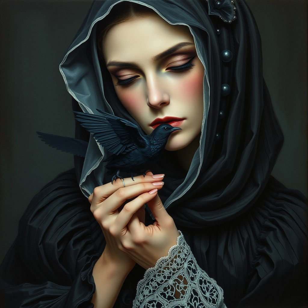 Mysterious Woman with Bird in Gothic Art Style