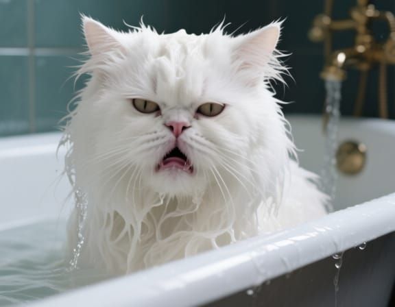Disgusted Persian Cat Soaking Wet in Bathtub
