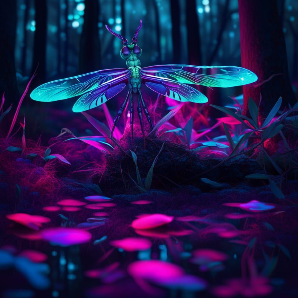 Neon Dragonflies in a Surreal Forest