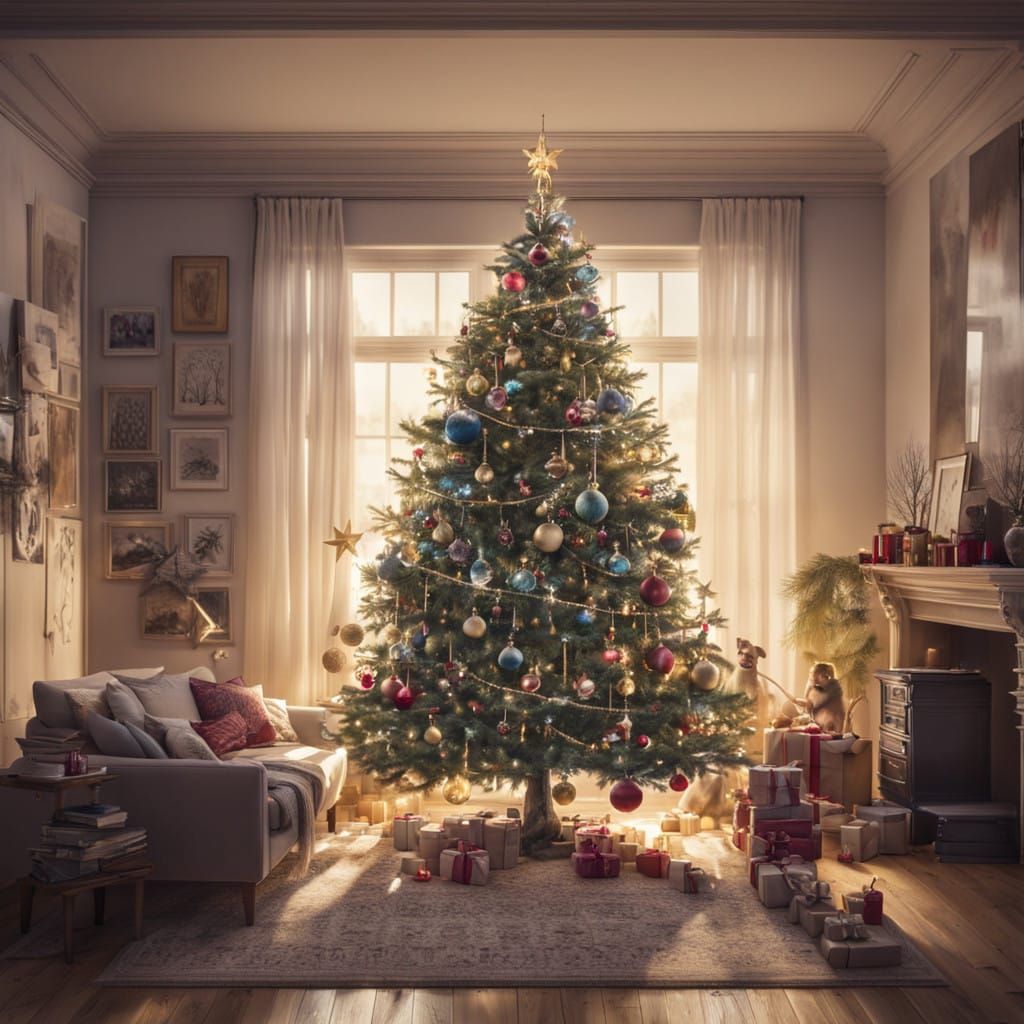 Stunningly Detailed Christmas Tree in a Cozy Living Room