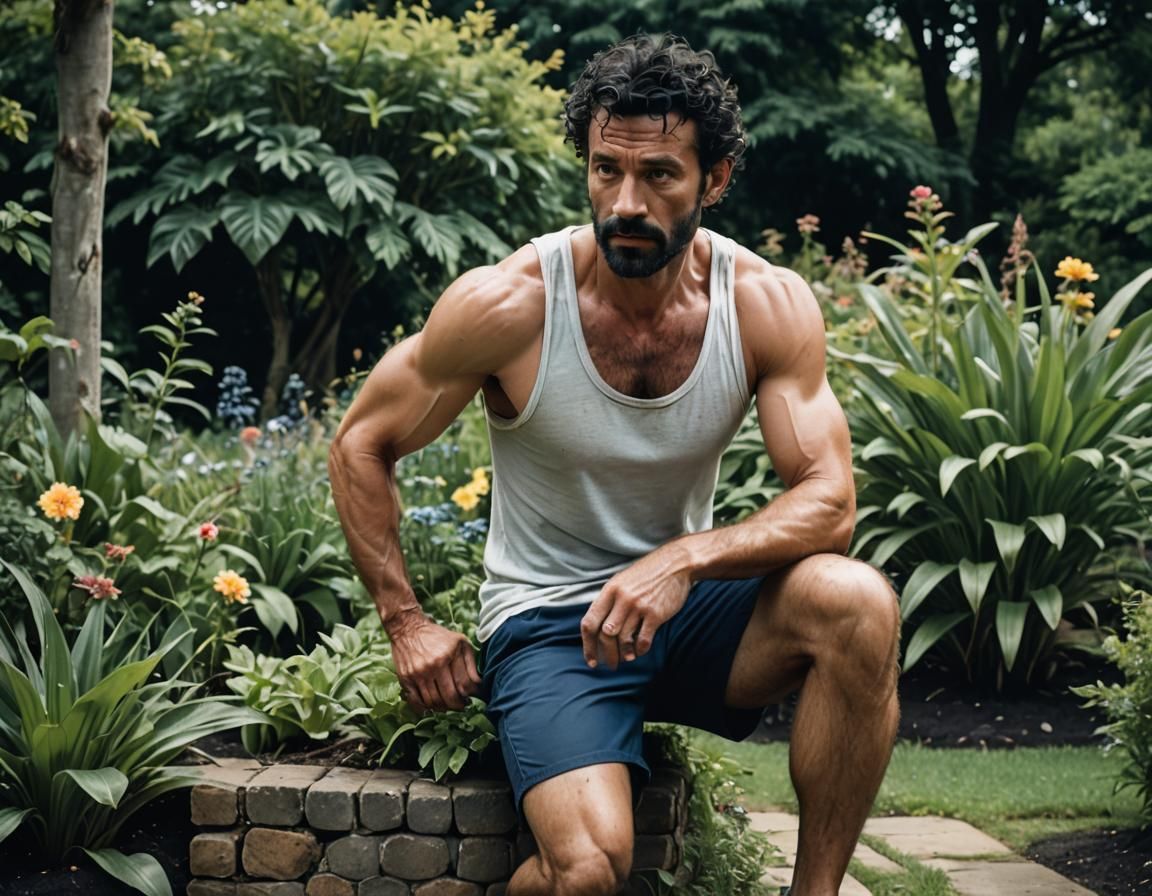 Handsome Man Gardening: Cinematic Film Still