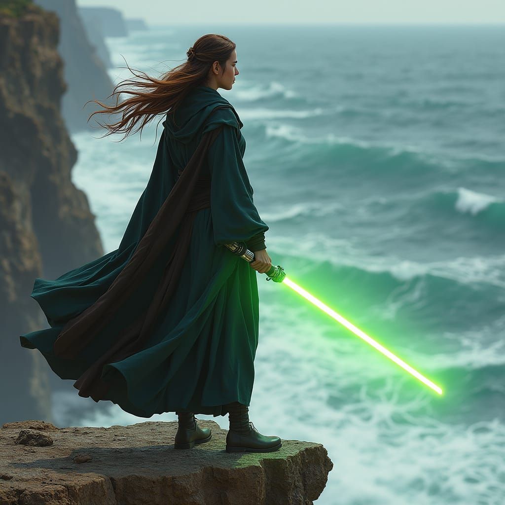 Human Female Jedi in Traditional Robes, Dual-Bladed Staff Li...