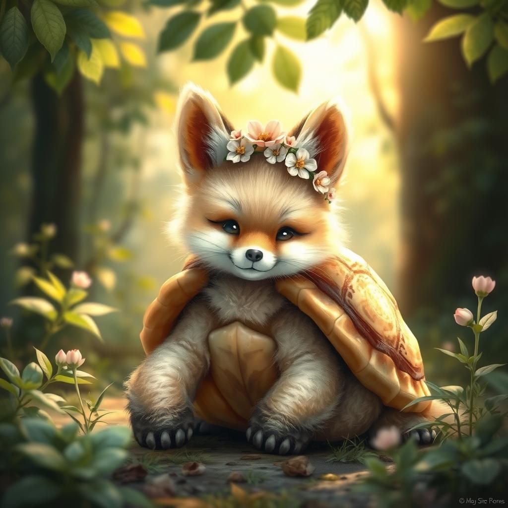 Cute Turtle Fox with Flower Crown in Forest