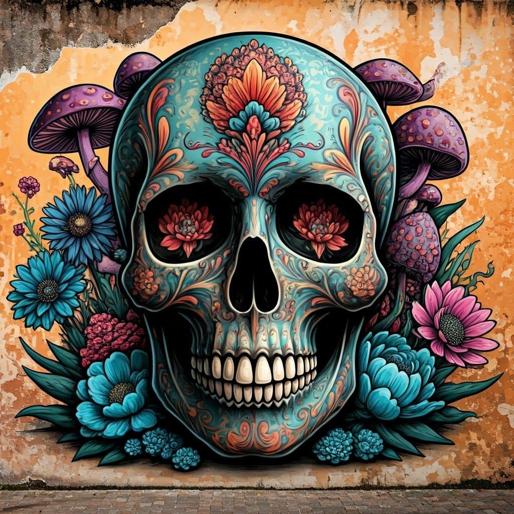 Vibrant Floral Skull Mural on Brick Wall
