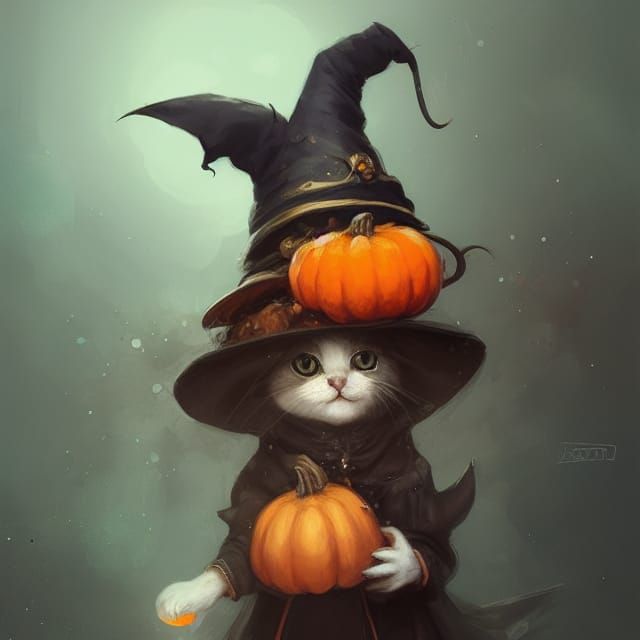 Hyperrealistic Cat Witch with Pumpkins