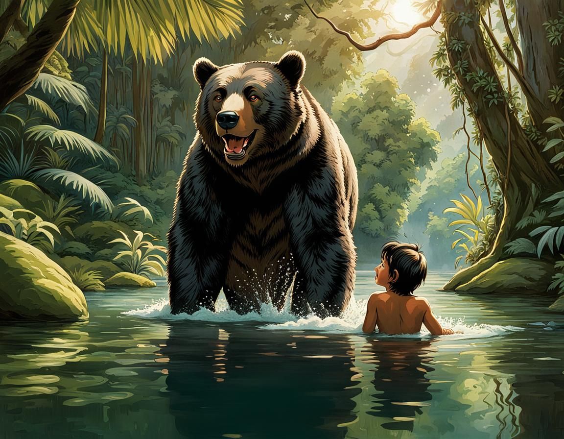 Baloo and Mowgli in Jungle Lake