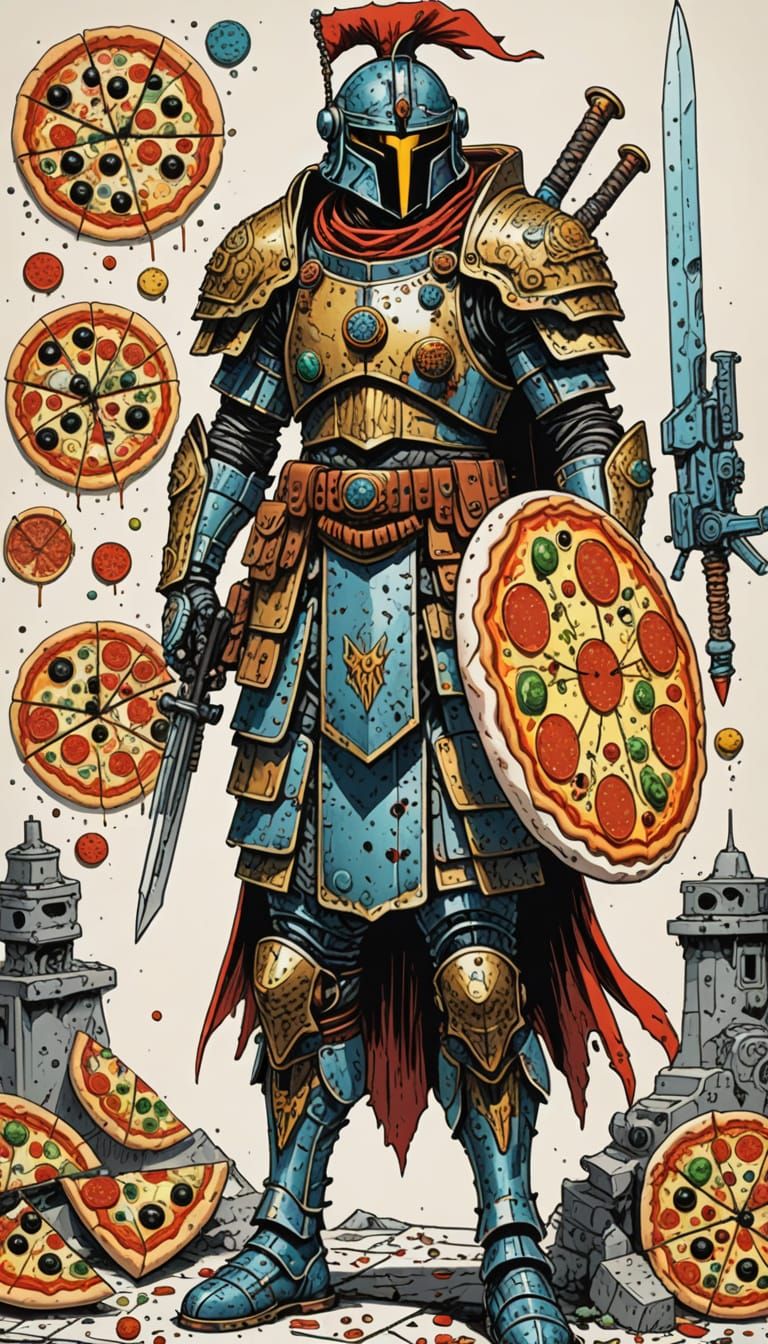 Vibrant Warrior in Pizza-Themed Armor