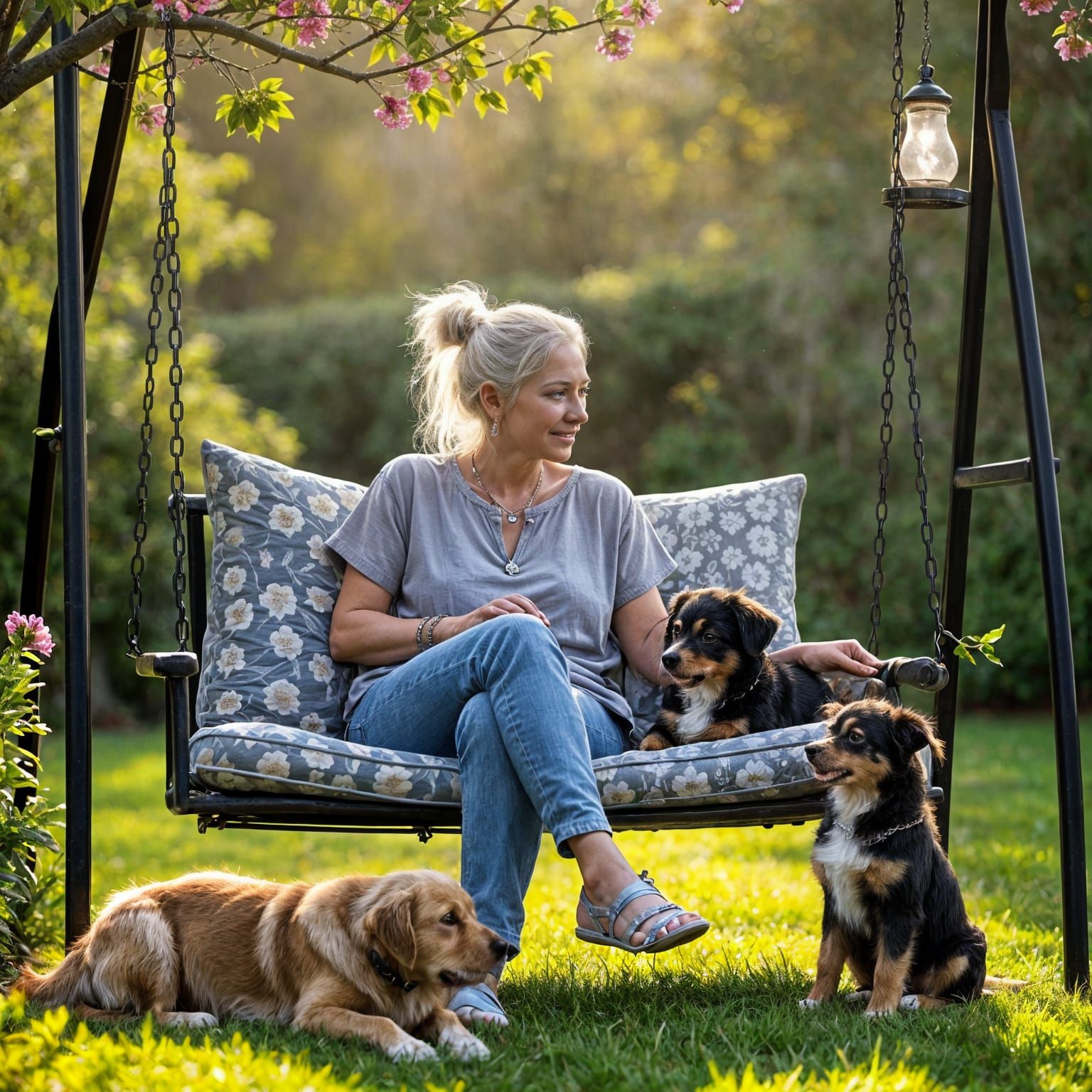 Grandmother Enjoying Her Garden with Dogs