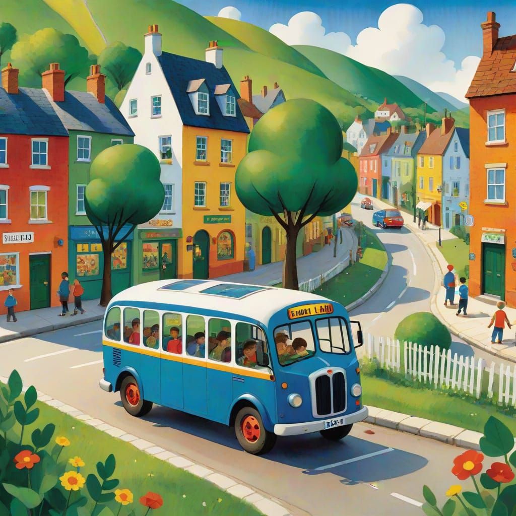 Vibrant Village Bus Illustration in Eric Carle Style