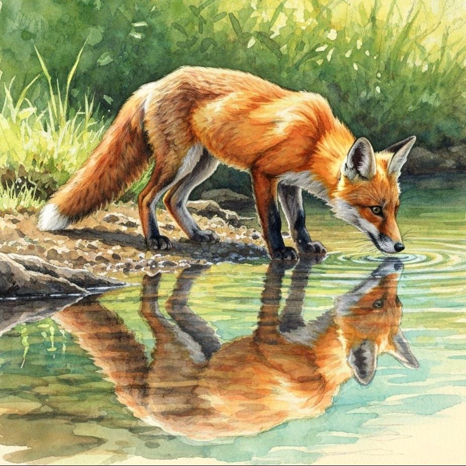 Watercolor Painting of a Red Fox Drinking