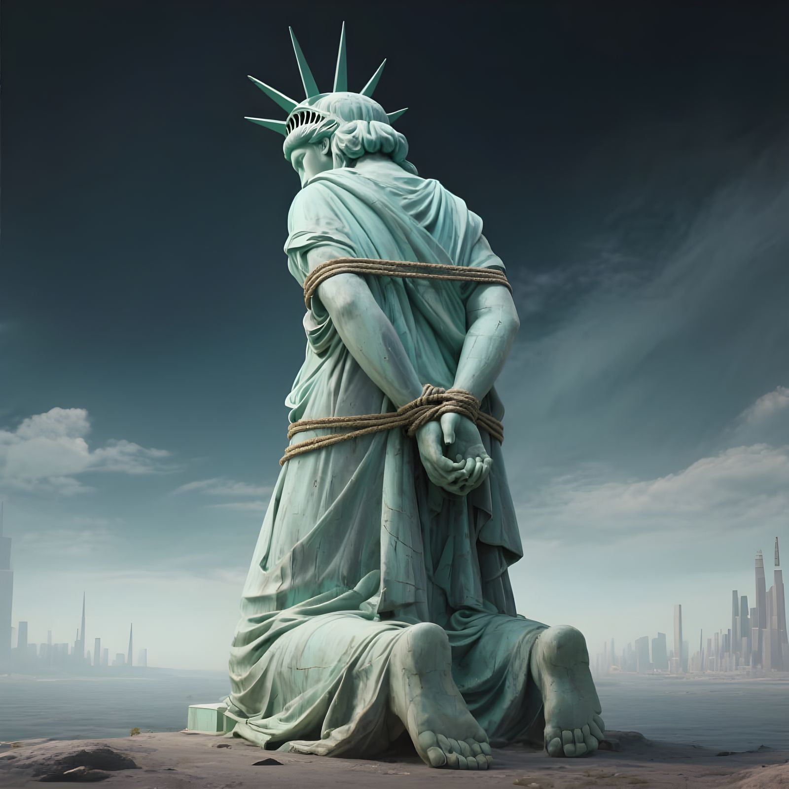 Surreal Statue of Liberty Kneeling with Hands Tied