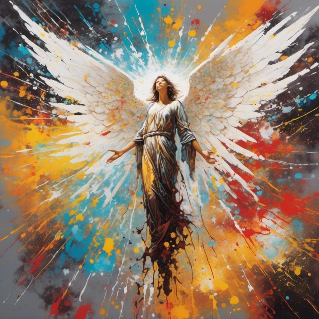 Angel with Exploding Wings in Splatter Graffiti Style