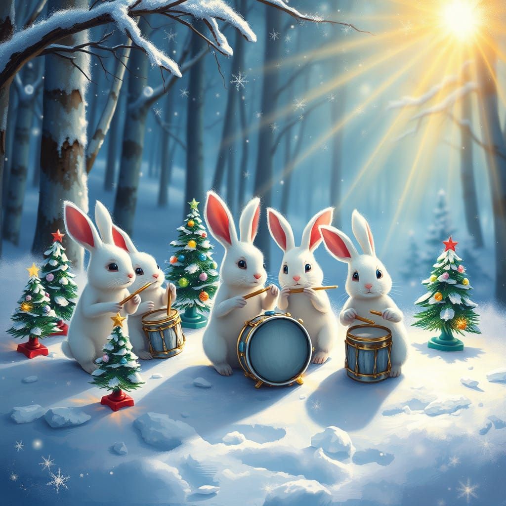 Magical Winter Wonderland with Rabbits and Christmas Trees