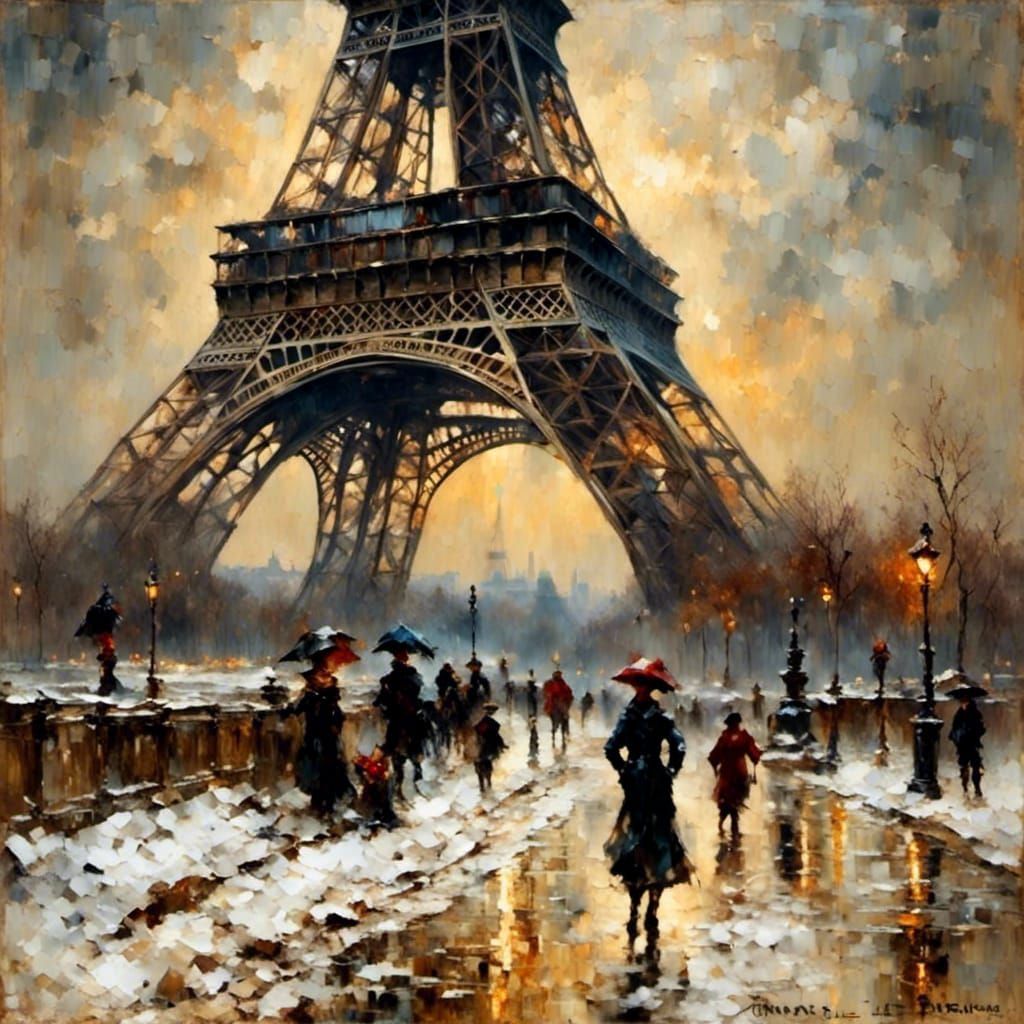 Eiffel Tower in Winter: Impasto Chiaroscuro Painting