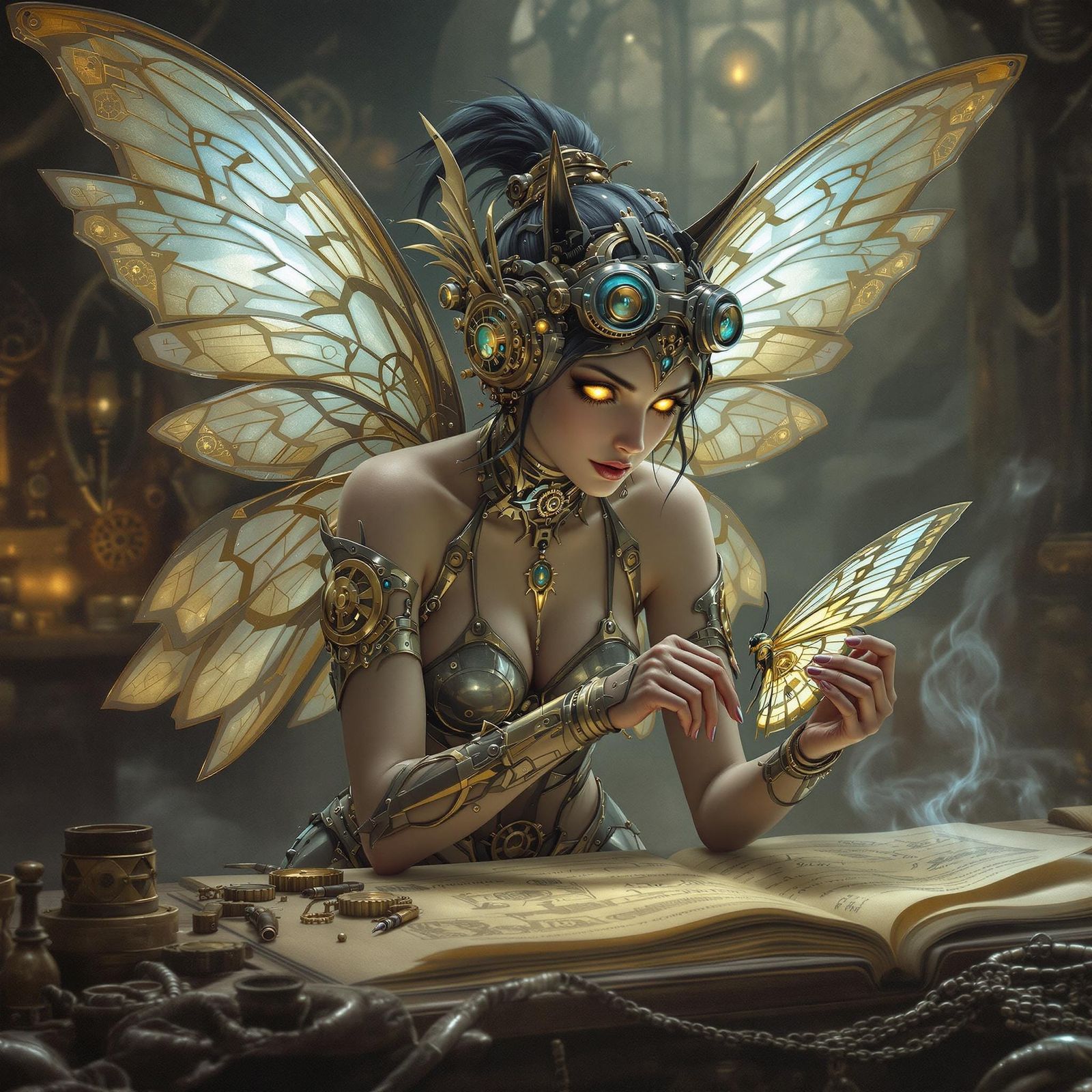 Clockwork Fairy Repairs Butterfly: Steampunk Art Nouveau