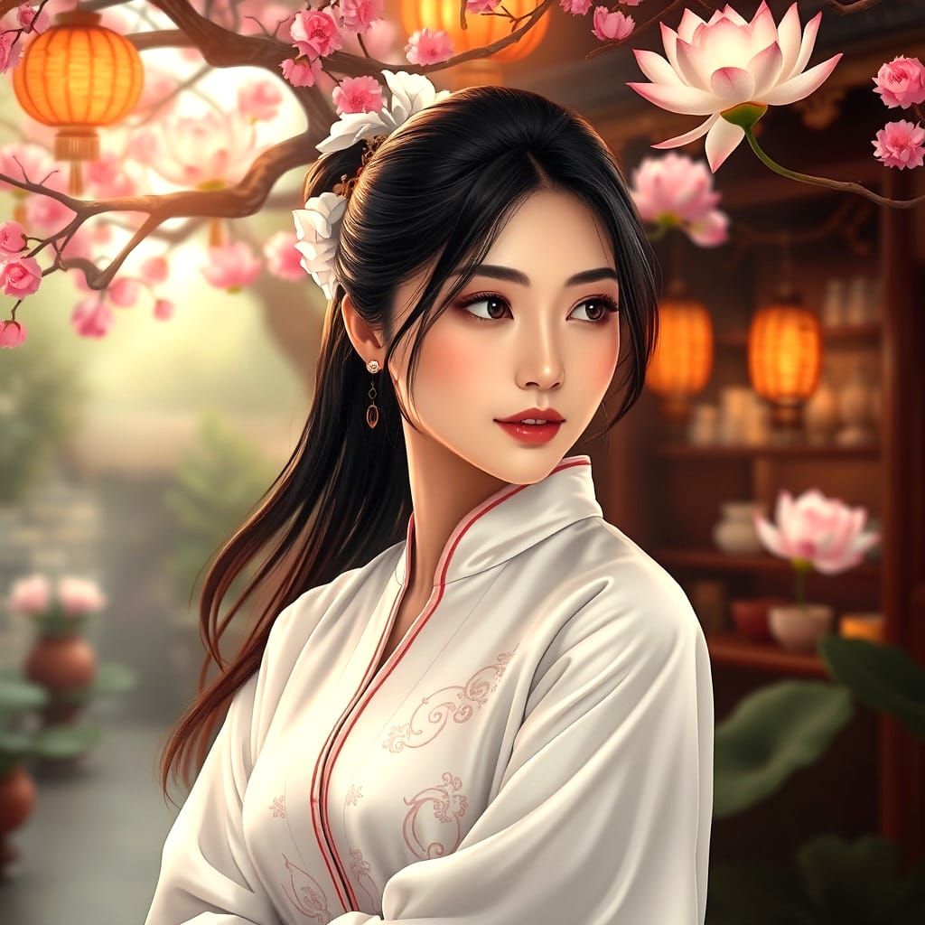 Chinese Woman in Traditional Dress at Tea Shop
