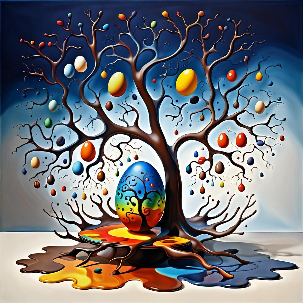 Surreal Chocolate Tree with Colorful Eggs