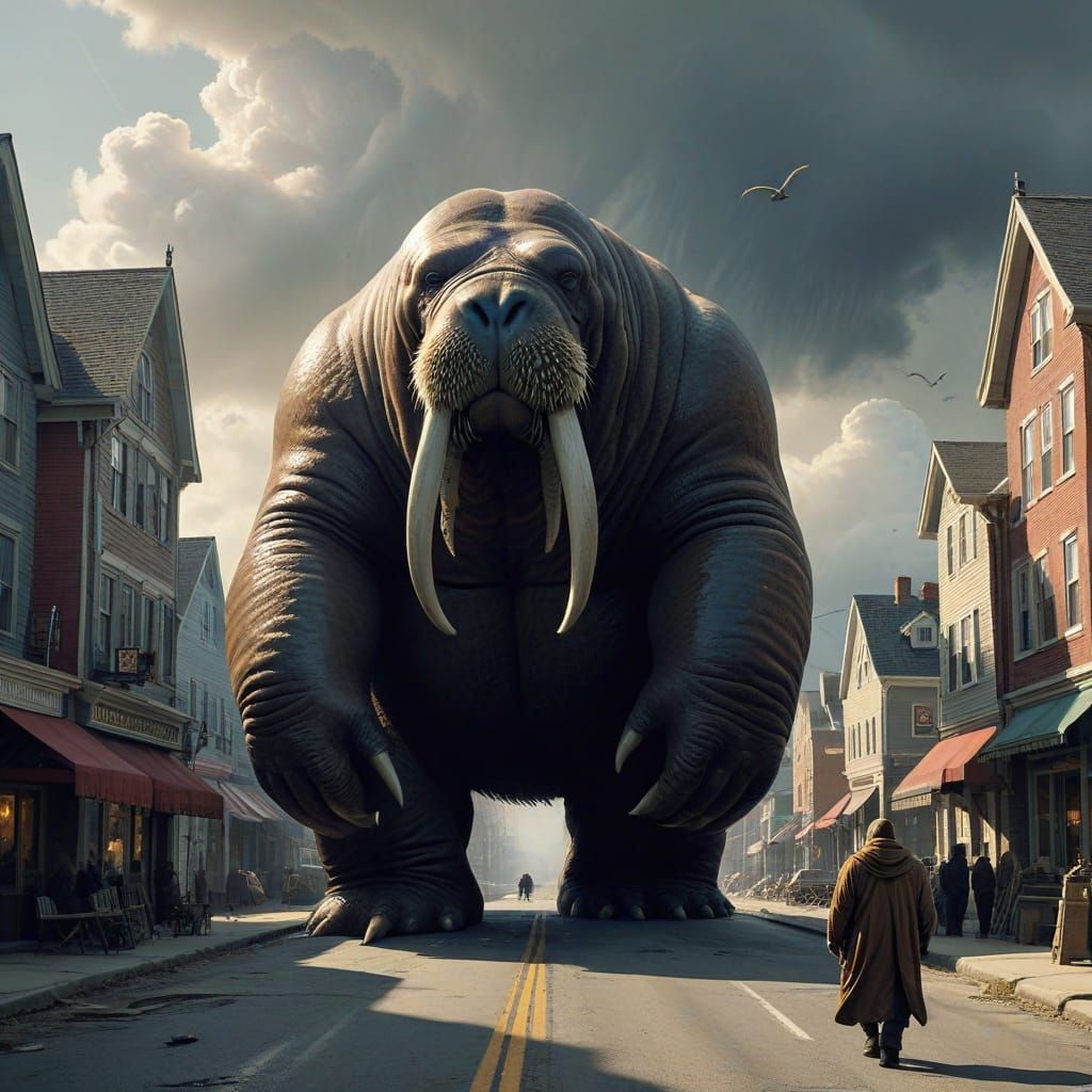 Sinister Walrus-Man Looms Over Town