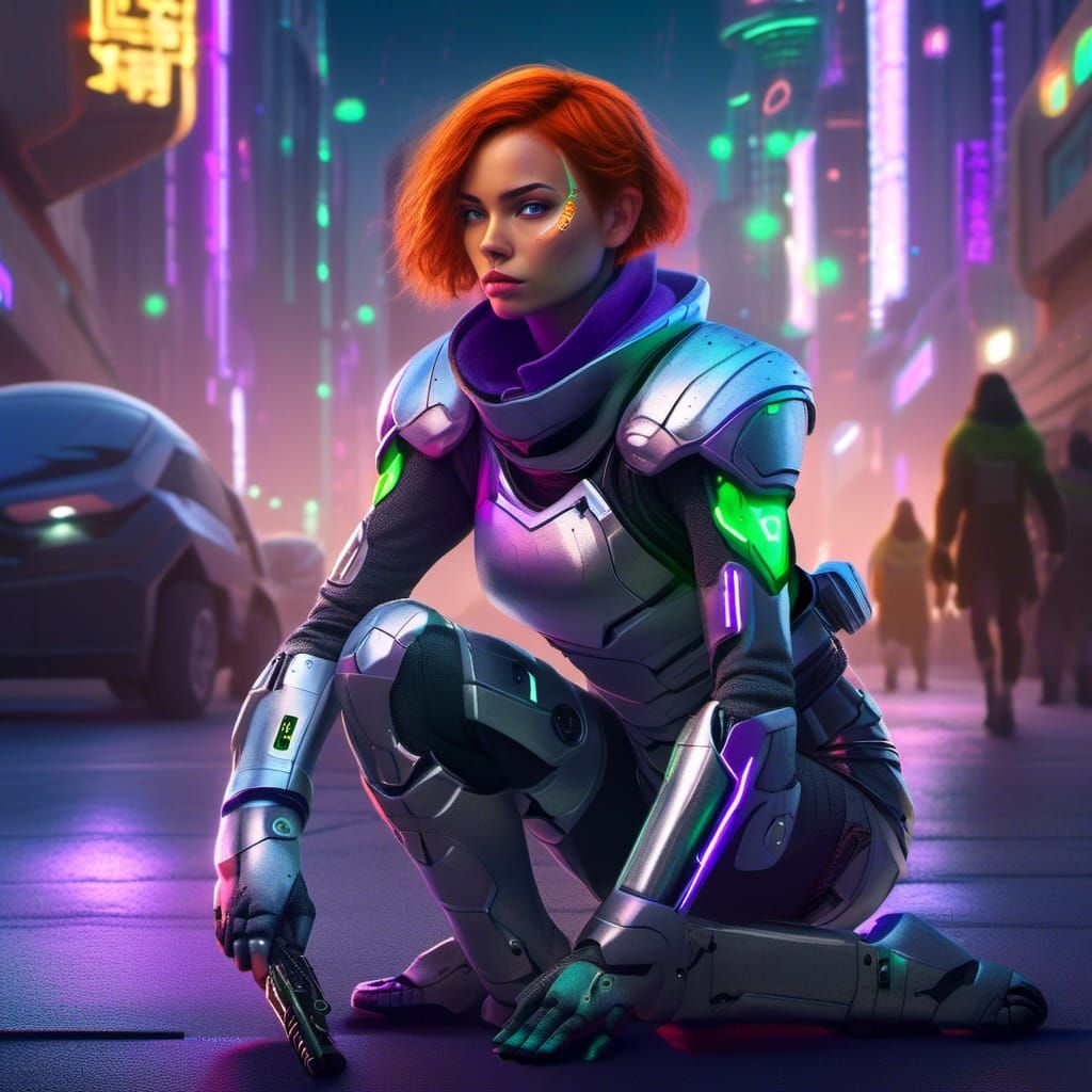 Armored Warrior in Cyberpunk Cityscape