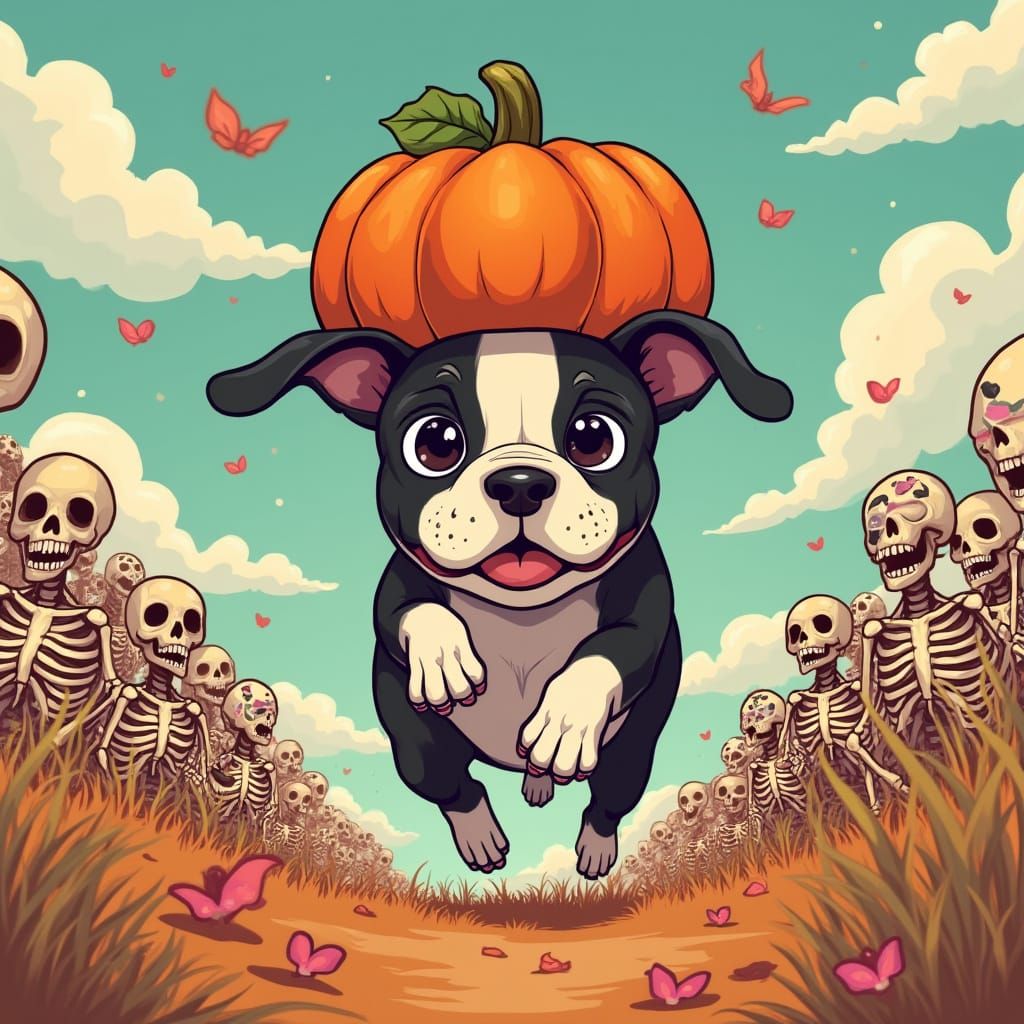 Boston Terrier in Anime Style Runs Through Skeleton Field