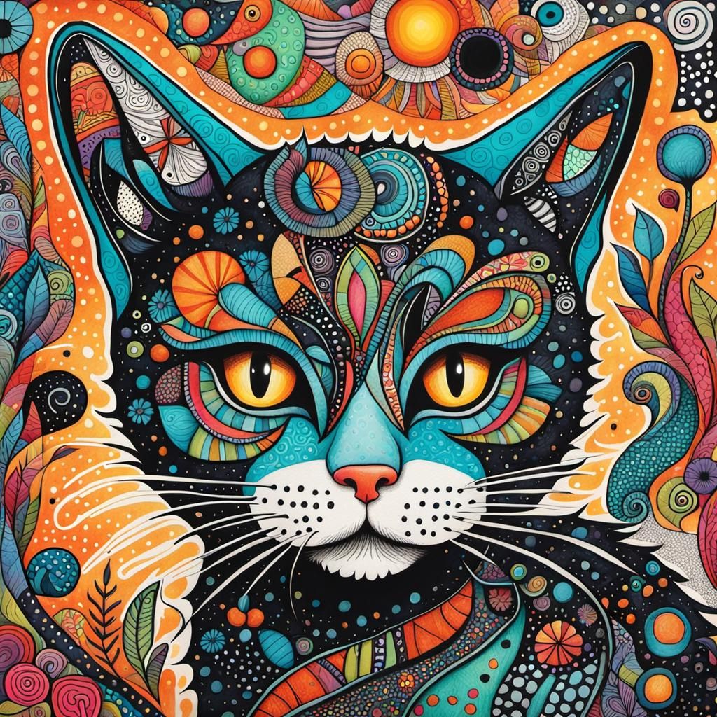 Feline Doodle Art with Ink and Gold Highlights