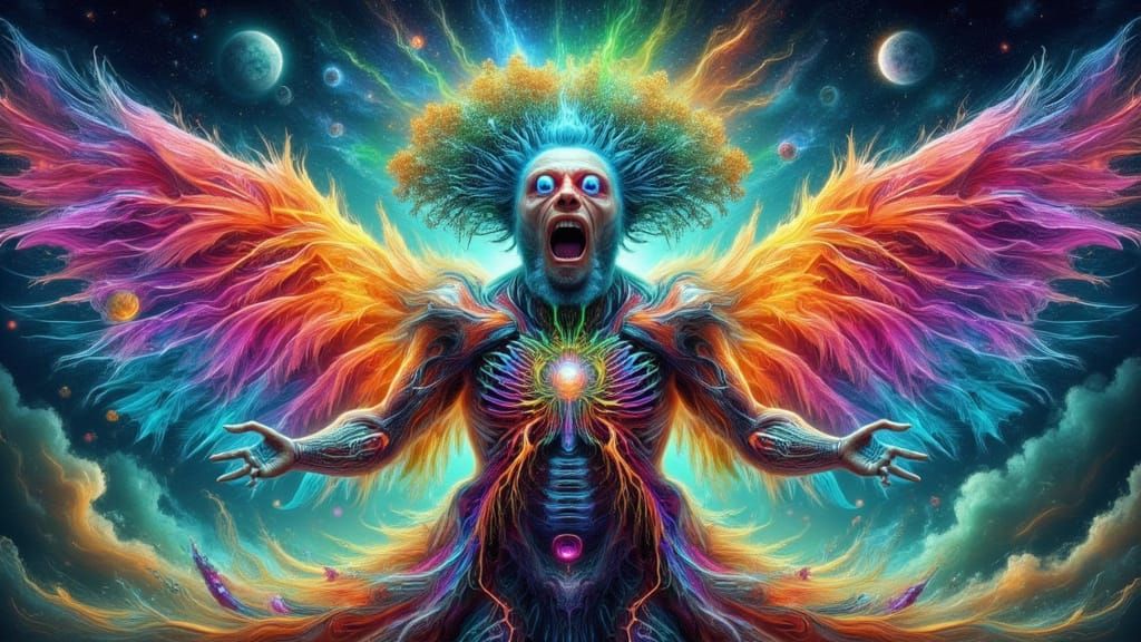 Surreal X-Ray Angel Portrait with Rainbow Lightning Wings