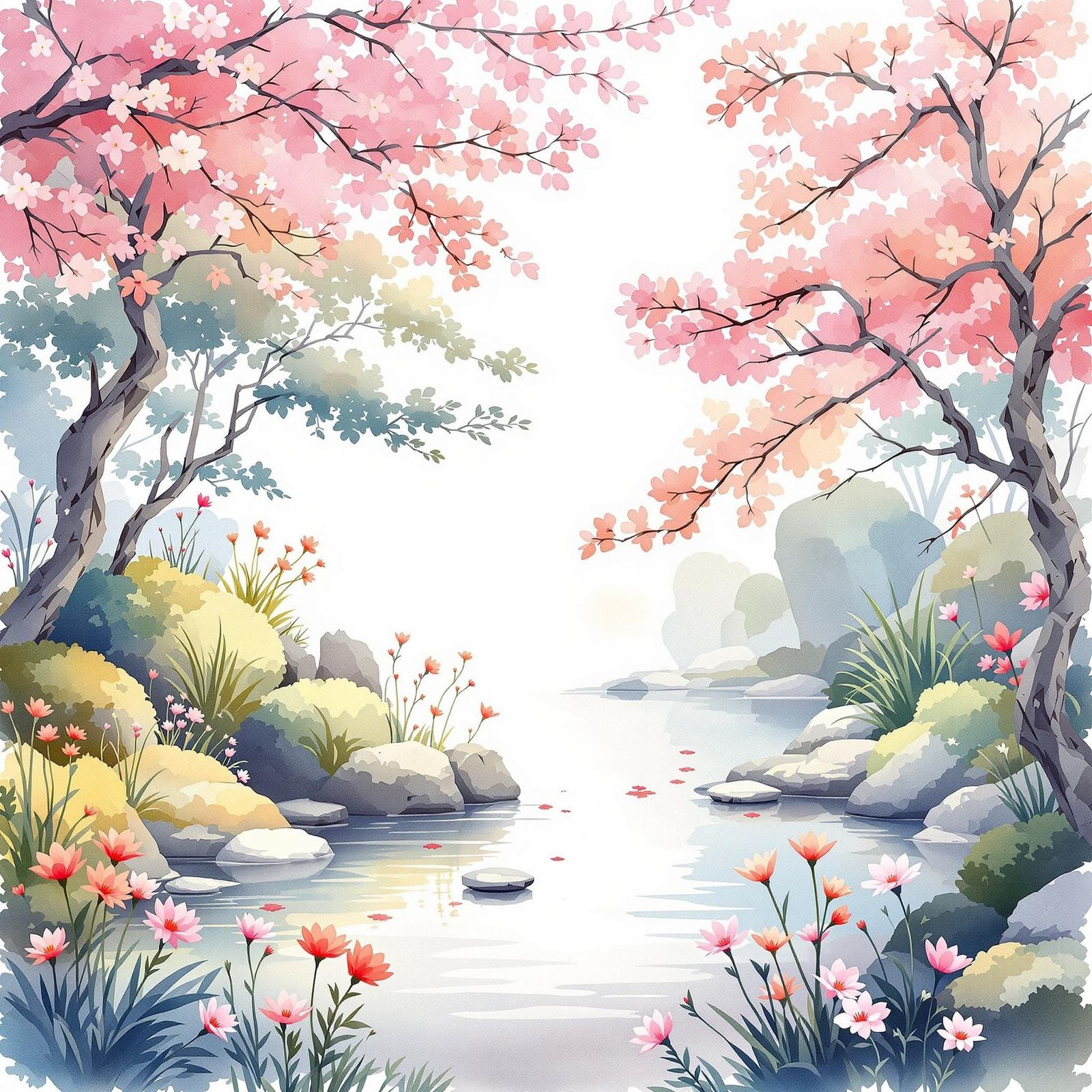 Serene Japanese Garden in Watercolor