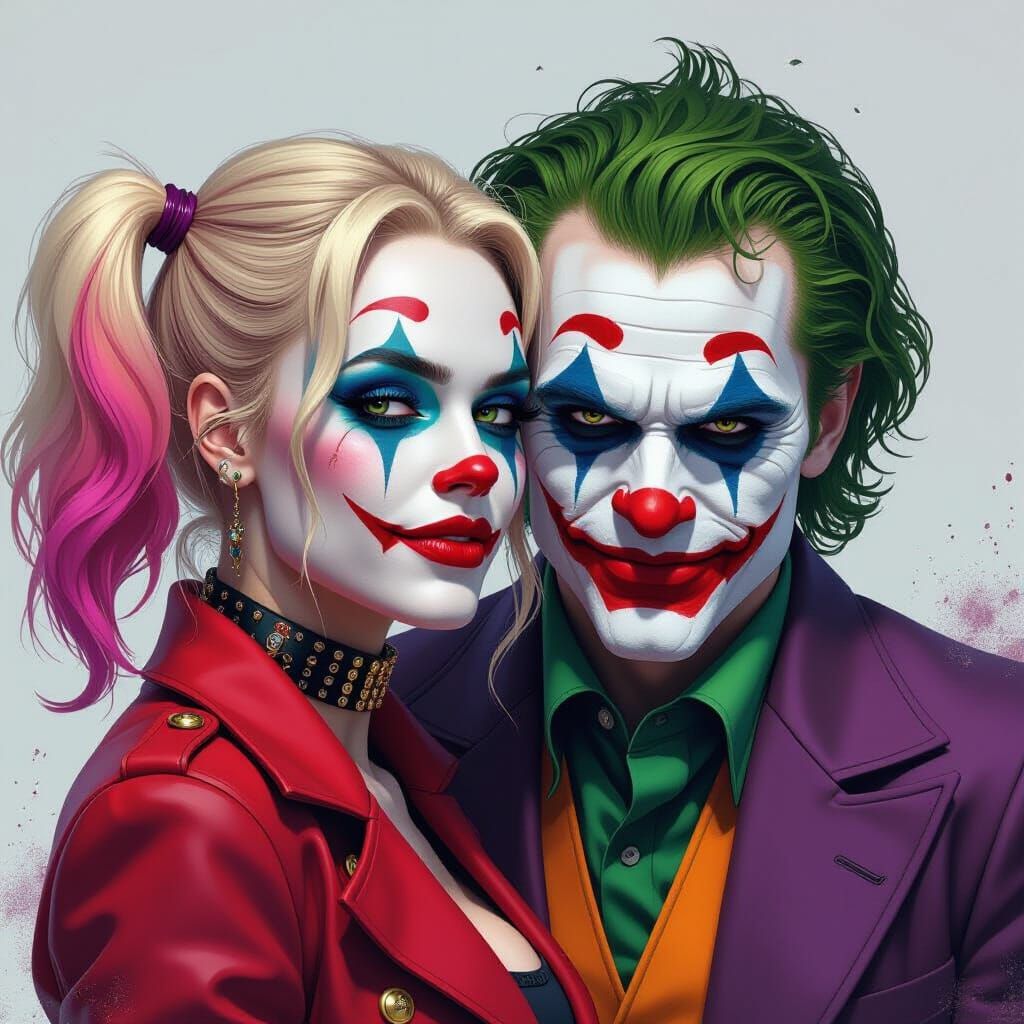 Harley Quinn and Joker in Dramatic Splash Art Style