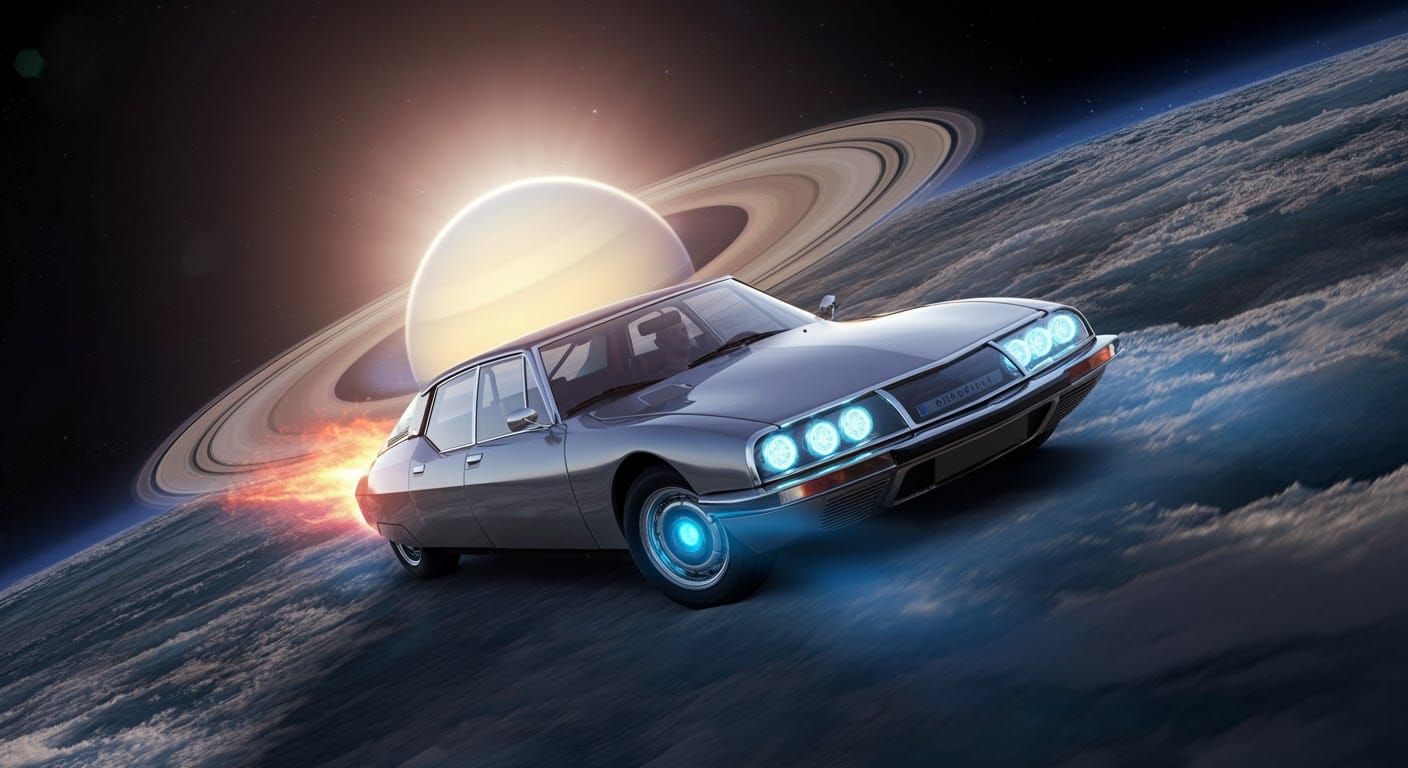 Citroen SM Spaceship Warp Speed Through Saturn Rings