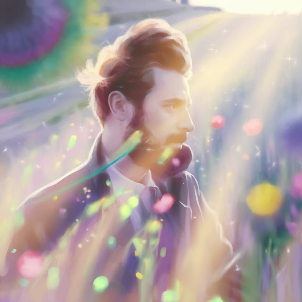 Man Experiencing Enhanced Color Vision in Floral Field