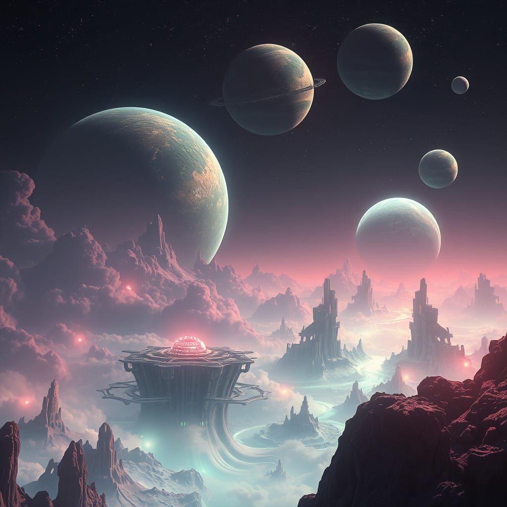 Surreal Cosmic Landscape in Neon-Lit Futuristic Style