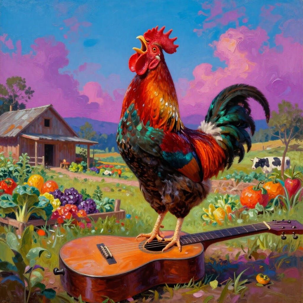 Colorful Rooster Dancing on Guitar in Psychedelic Light