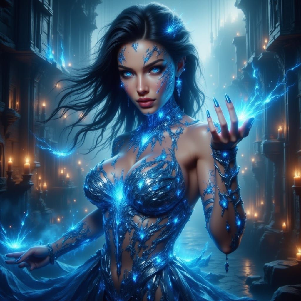 Enchantress in Surreal Dreamscape with Blue Magic Lights